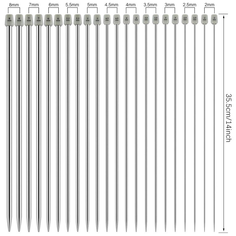 Hysagtek 22 Pcs Knitting Needles Set, 14 Inches Stainless Steel Straight Single Pointed Knitting Needle Kit Metal Knitting Kit in Different Sizes 2.0mm to 8.0mm, with Gift Organizer Bag, 11 Pairs - Image 2